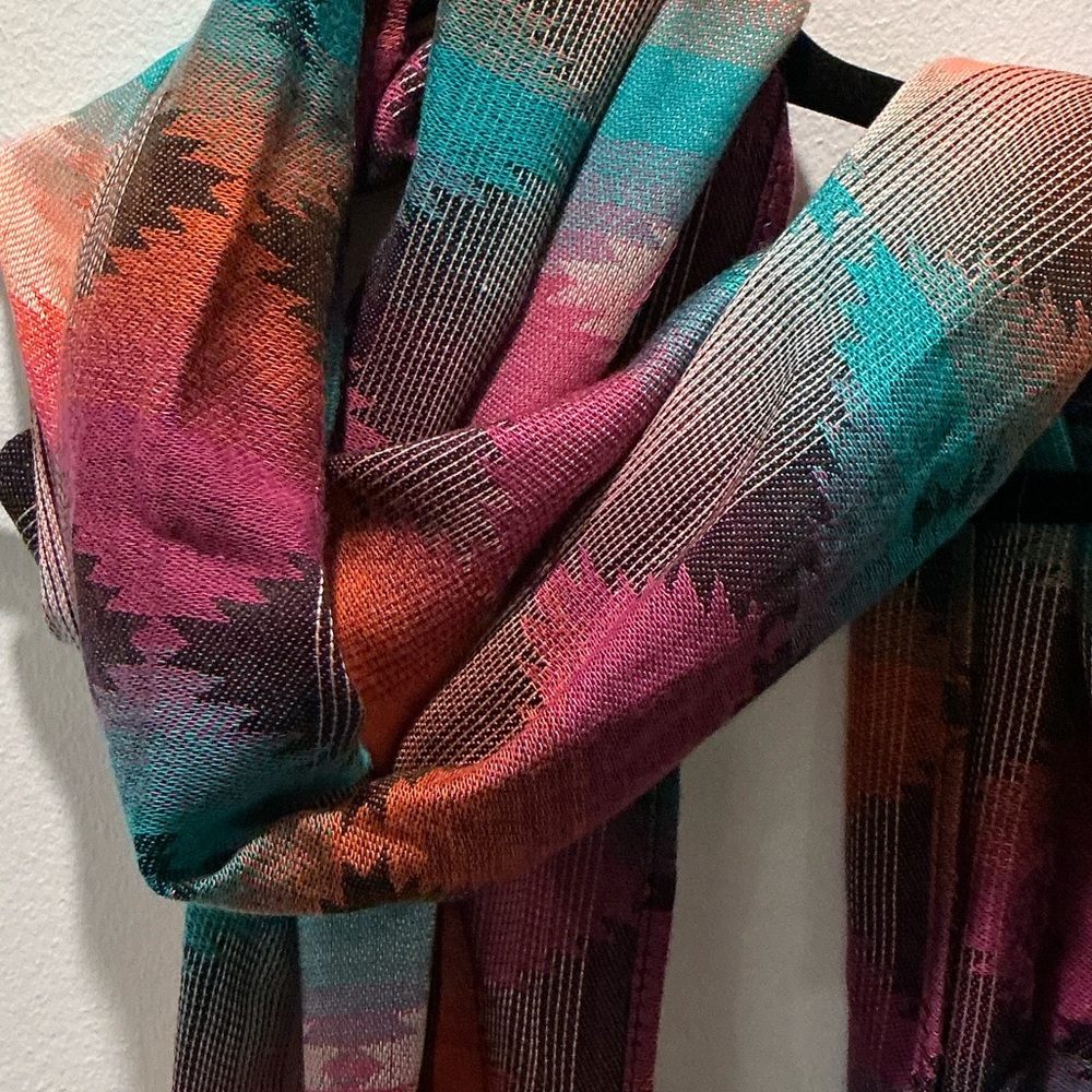 Multicolor Women’s Lightweight Fringe Spring Scarf 🧣- Teal, Orange & Pink - Picture 3 of 4